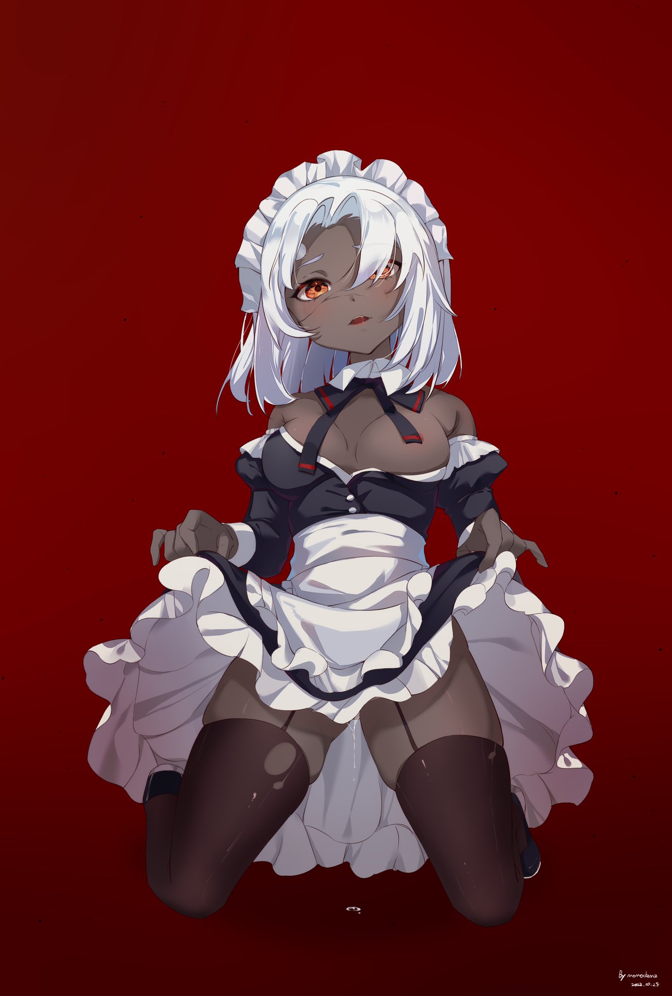 alternate_costume apron artist_name bare_shoulders black_dress black_footwear black_ribbon black_thighhighs breasts calamitas calamity_(terraria_mod) cleavage collar colored_skin commentary covered_nipples cracked_skin cuffed_sleeves dark-skinned_female dark_skin dated detached_collar dress dripping english_commentary female frilled_apron frilled_dress frilled_headwear frills garter_straps hands_up highres horns juliet_sleeves kneeling large_breasts long_sleeves looking_at_viewer maid maid_apron maid_headdress medium_hair momodzmz neck_ribbon nipples orange_eyes parted_bangs parted_lips partially_unbuttoned puffy_sleeves pussy_juice red_background ribbon saliva skindentation skirt_hold solo suggestive_fluid teeth terraria thighhighs upper_teeth_only white_apron white_background white_collar white_hair white_horns