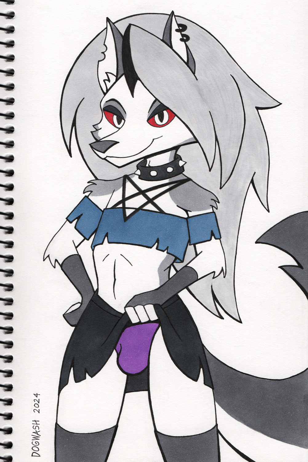 2024 anthro armwear big_tail bottomwear bulge canid canid_demon canine clothed clothing clothing_lift collar crossdressing demon dogwash ear_piercing ear_ring femboy femboy_loona hand_on_hip hellhound helluva_boss hi_res legwear loona_(helluva_boss) male male_loona mammal marker_(artwork) mythological_canine mythological_creature mythology notched_ear panties piercing red_sclera ring_piercing skirt skirt_lift smile solo spiked_collar spikes stockings tail traditional_media_(artwork) underwear