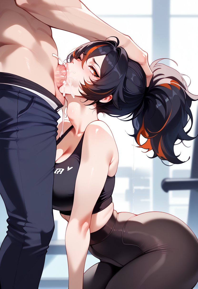 1boy, 1girls, ai generated, balecxi, black hair, breasts, cum, cum in mouth, deepthroat, fellatio, female, female focus, kneeling, male, multicolored hair, penis, ponytail, sports bra, sportswear, yoga pants, zenless zone zero, zhu yuan