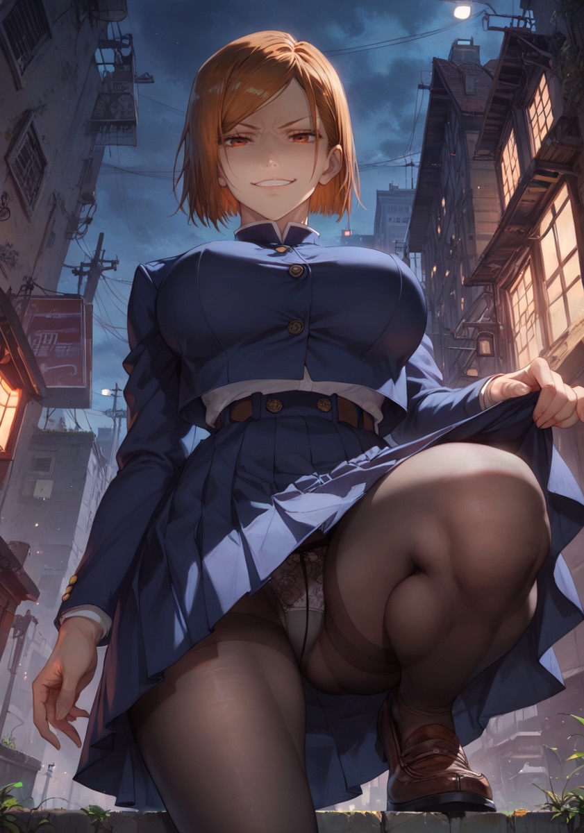 ai_generated big_breasts cameltoe devious_grin evil_grin evil_smile from_below grin jujutsu_kaisen kugisaki_nobara lifting_skirt low-angle_view nylons panties pantyhose smirking strong_legs thick_thighs upskirt v-shaped_eyebrows