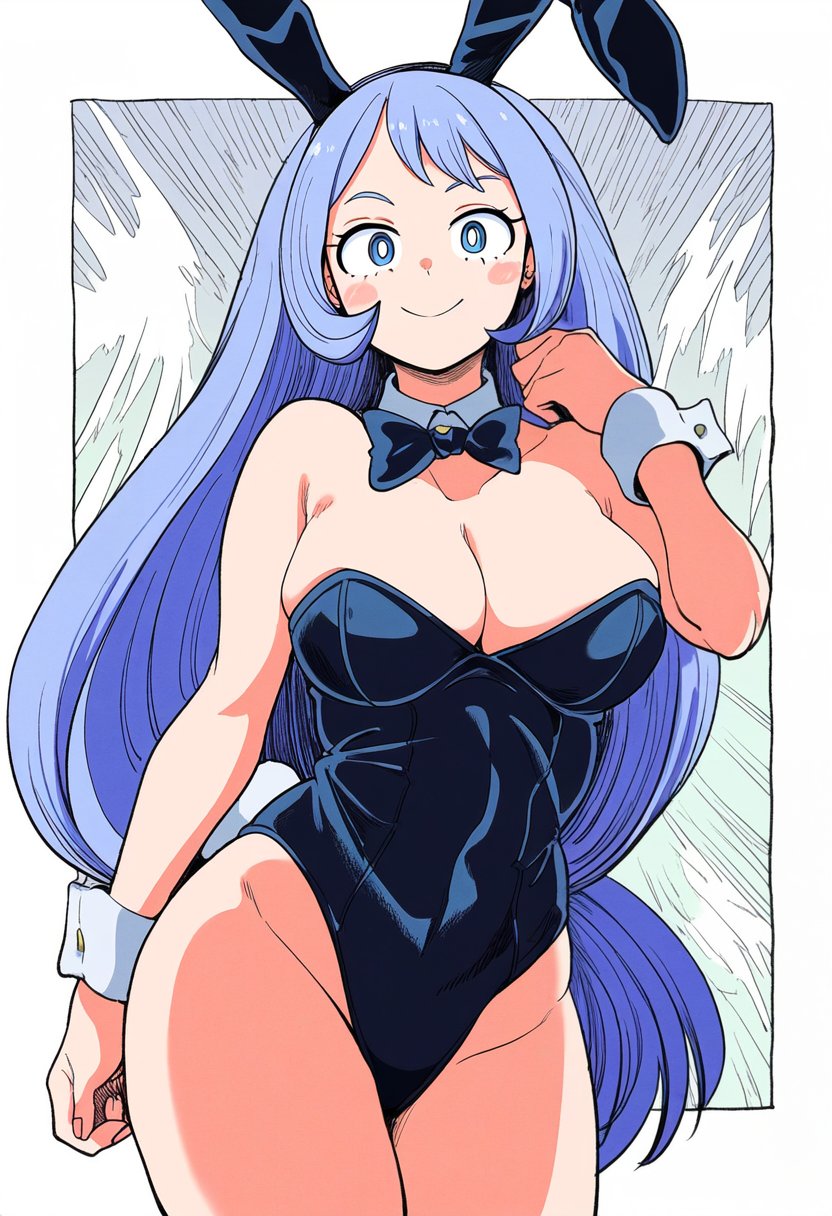 ai assisted, ai generated, ass visible through thighs, bara, bare legs, bare shoulders, bare thighs, big breasts, black leotard, blue eyes, blush, breasts, bunny ears, bunnysuit, cleavage, closed mouth, collarbone, detached collar, female, jei games, leotard, long hair, male, my hero academia, nejire hado, purple hair, smile, thighs, wrist cuffs, yaoi