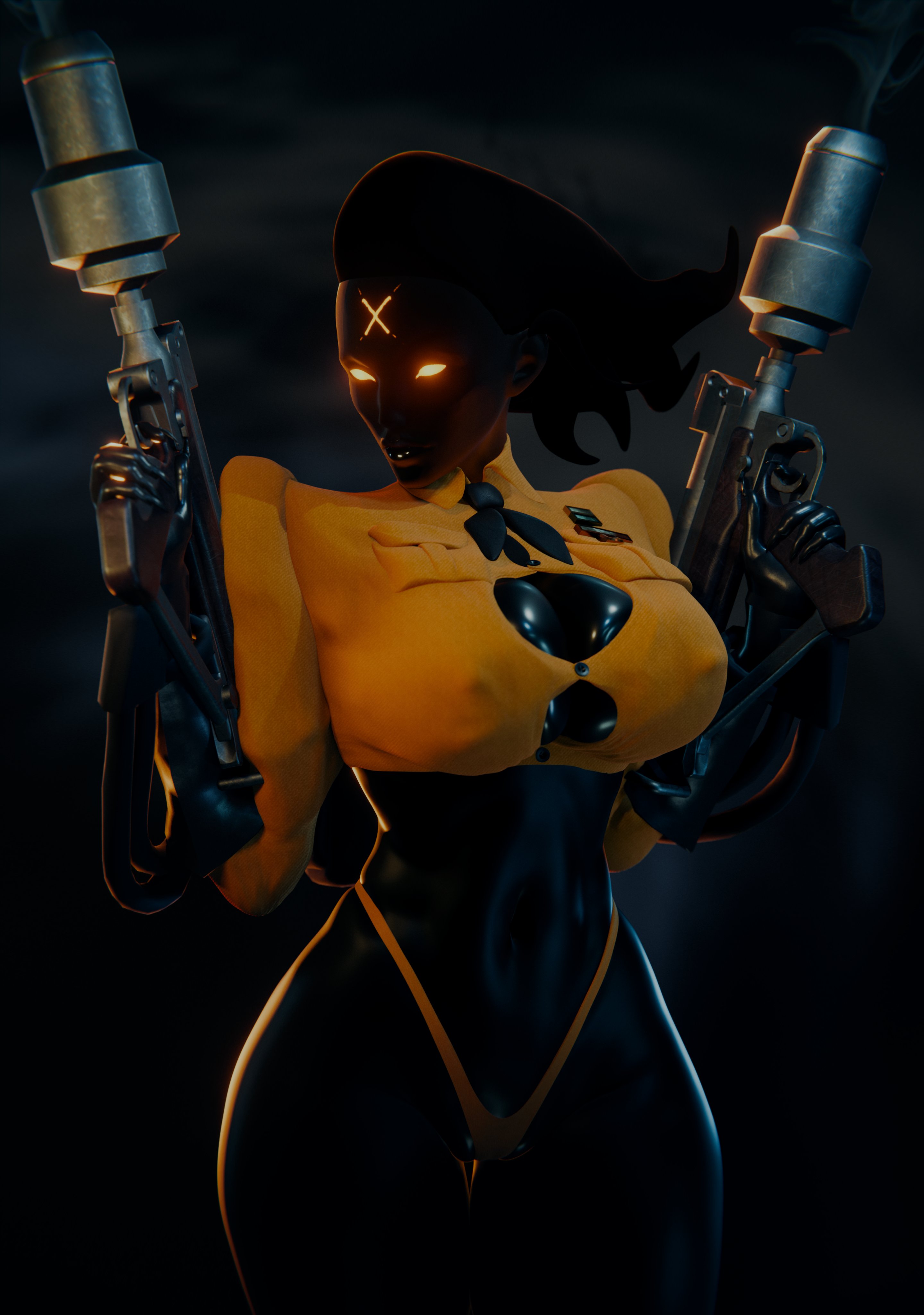 1girls, 2024, 3d, areolae, big breasts, black body, black hair, black skin, breasts, deadlock, female, female only, haze (deadlock), hi res, lynya, orange eyes, smoke, solo, thick thighs, thighs, thong, weapon