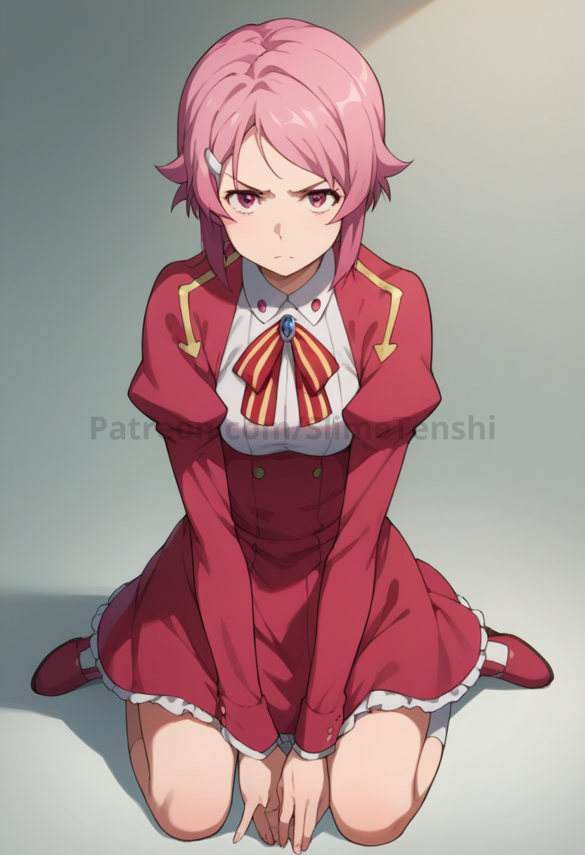 ai_generated blacksmith blacksmith_apron lisbeth looking_at_viewer on_knees pink_hair pissed_off red_outfit shinozaki_rika shoes slimetenshi sword_art_online