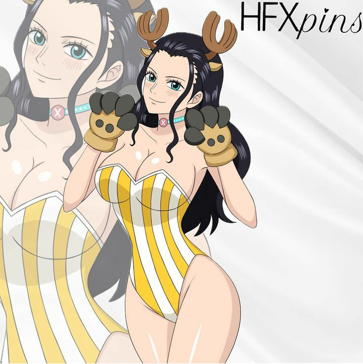 1girl 1girls 2024 2024s antlers artist_name artist_signature big_breasts black_hair blue_eyes breasts cosplay female female_focus female_only hair hfxpins nico_robin one_piece reindeer reindeer_antlers reindeer_costume signature smile solo tony_tony_chopper_(cosplay)