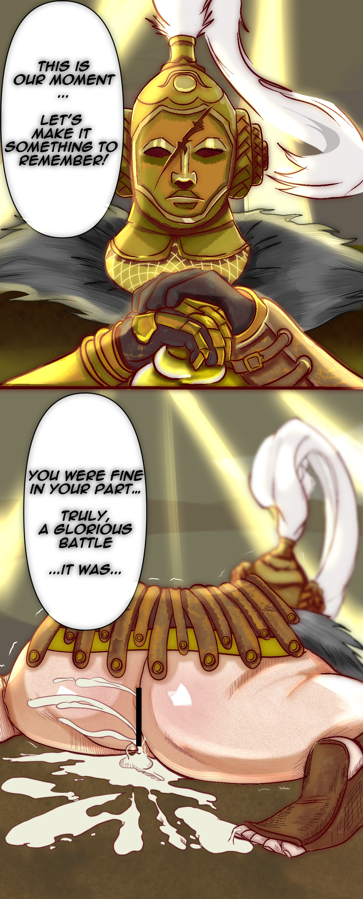 1girls, 2thpick, after anal, after sex, armor, ass, big ass, bottomless, cum, dialogue, elden ring, female, female only, fromsoftware, instant loss 2koma, redmane freyja, shadow of the erdtree, thick thighs