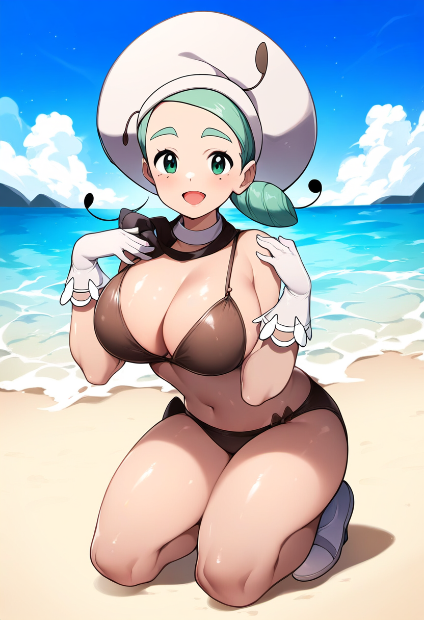 1girls ai_generated beach belly belly_button big_breasts bikini bikini_top breasts brown_bikini brown_bikini_bottom brown_bikini_top cleavage creatures_(company) female female_focus female_only game_freak gloves green_eyes green_hair gym_leader hat katy_(pokemon) keinovelnovelai light-skinned_female light_skin nintendo npc_trainer ocean pokemon revealing_clothes short_hair solo thick_thighs thighs tied_hair