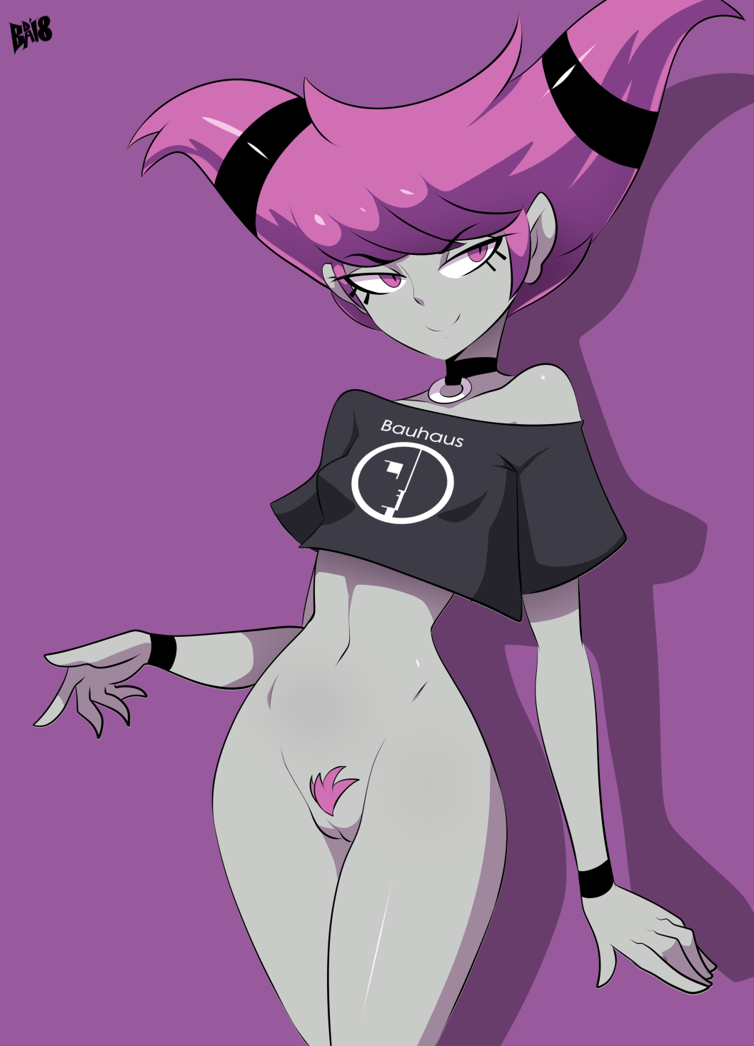 bigdeadalive, bottomless, breasts, cleavage, dc, dc comics, female, female only, innie pussy, jinx (dc), pubic hair, pussy, signature, solo, teen titans, text