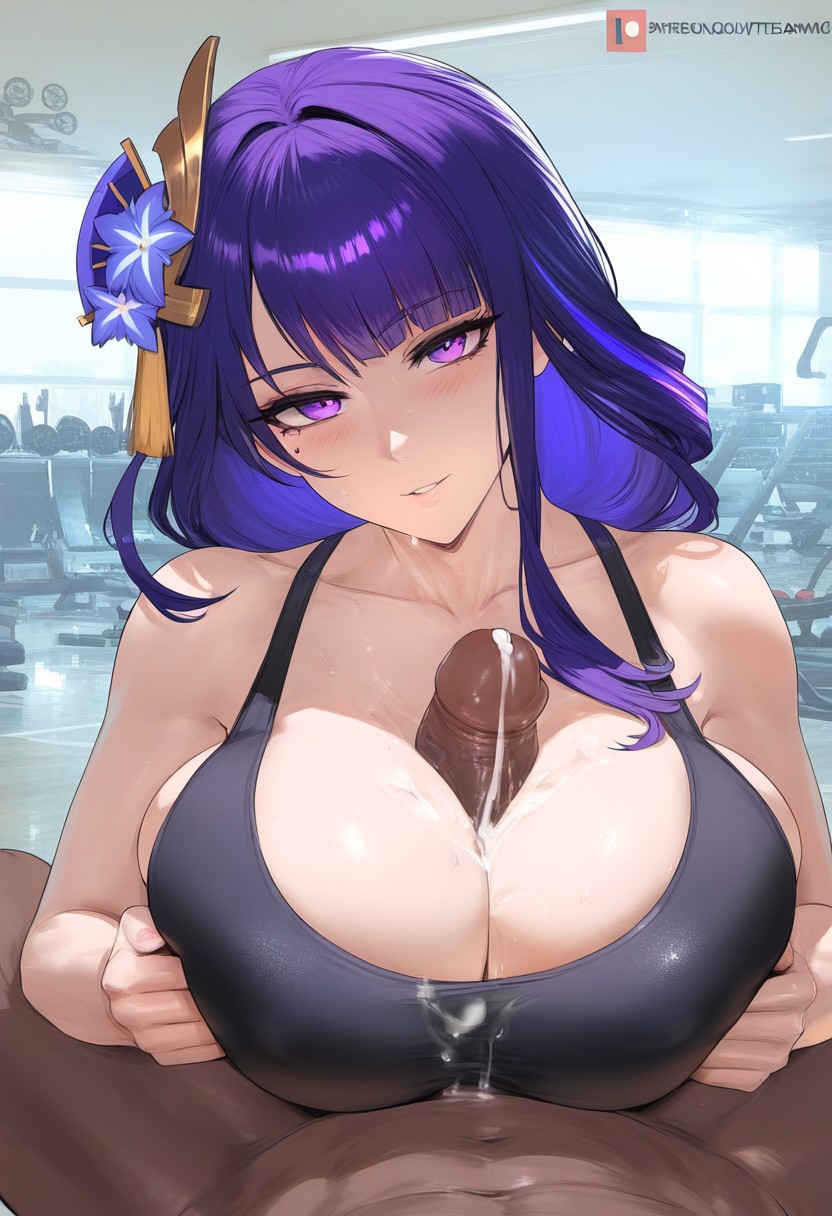 1boy 1girls ai_generated bangs bare_shoulders between_breasts blunt_bangs blush braid braided_ponytail breast_press breasts breasts_squeezed_together clavicle cleavage clothing curvaceous curvaceous_female curvaceous_figure curvy curvy_figure dark-skinned_male dark_skin ejaculation female female female_focus flower genshin_impact gym hair_flower hair_ornament huge_breasts hydrolis999 indoors interracial large_breasts long_hair looking_at_viewer male mole mole_under_eye multicolored_hair nipples paizuri paizuri_under_clothes parted_lips penis ponytail purple_eyes purple_hair raiden_shogun semen semen_on_body semen_on_breasts semen_on_chest semen_on_upper_body smile solo_focus sports_bra straight sweat swimsuit tied_hair uncensored voluptuous voluptuous_female