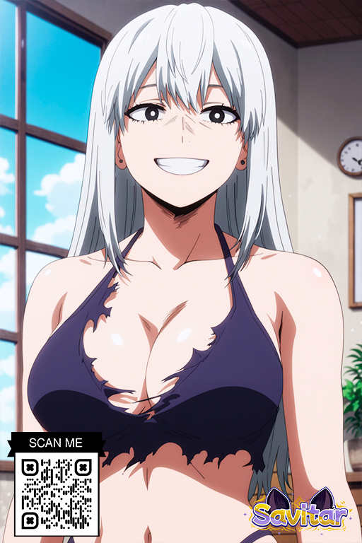 ai_generated bangs bare_shoulders bikini black_eyes blue_sky breasts bright_pupils clavicle cleavage clock clothing cloud day ear_piercing earrings female female grey_eyes grin indoors jewelry large_breasts littlehentai long_hair looking_at_viewer navel purple_bikini rei_todoroki savitar savitar_(artist) sky smile solo stud_earrings swimsuit teeth torn_clothes upper_body white_hair white_pupils window