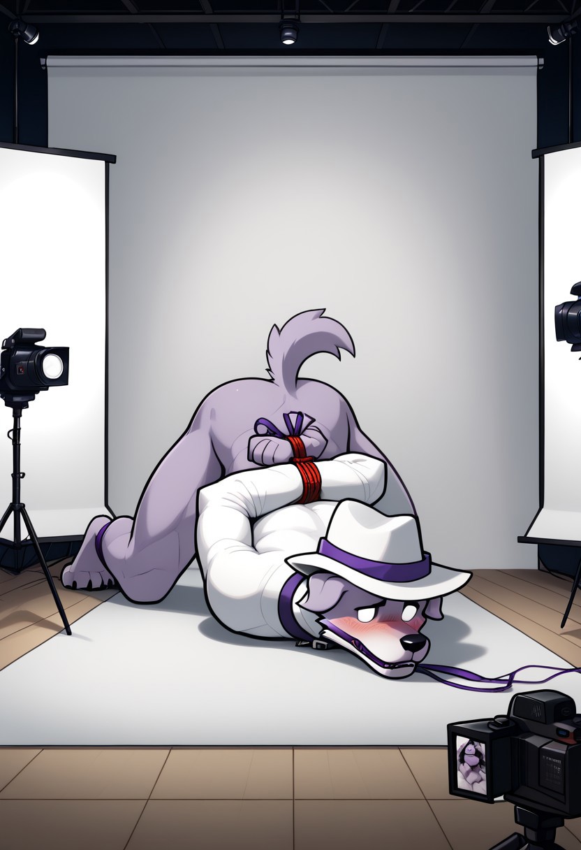 abandoned ai_generated anthro bondage camera forced furry furry_only gagged humiliated humiliation male male_only pantless photoshoot restrained studio tuxedo uhyeah youtube youtuber