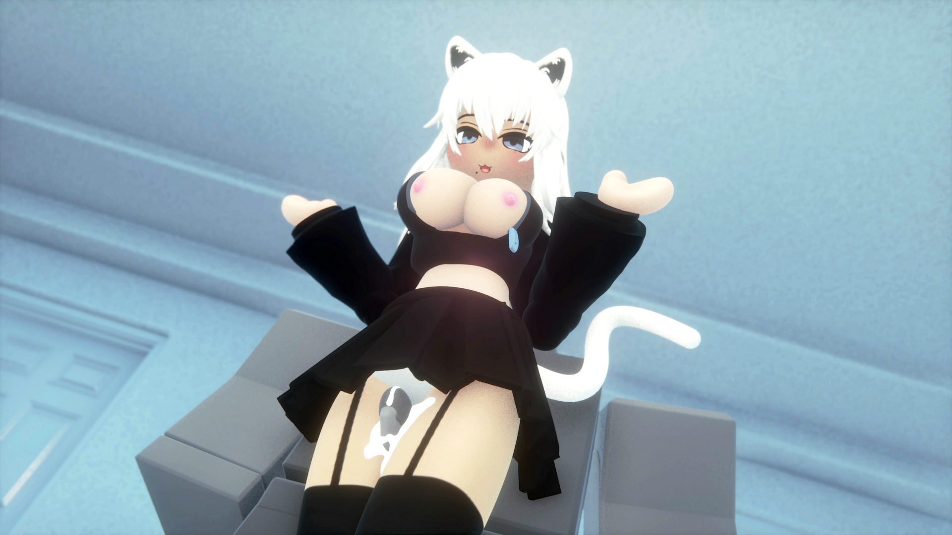 1boy, 1girls, 3d, absolute territory, big breasts, black skirt, breasts, cat ears, cat girl, cat tail, catgirl, clothed sex, cum between legs, cum between thighs, cum drip, cum on thighs, female, garter belt, garter straps, grey eyes, hoxy6p70, intercrural, intercrural sex, male, nipples, panties, pleated skirt, roblox, roblox avatar, roblox rthro, robloxian, self upload, sex, sex under clothes, sex under skirt, skirt, thigh high socks, thigh highs, thigh sex, thighhighs, thighjob, thighs, white hair, white panties