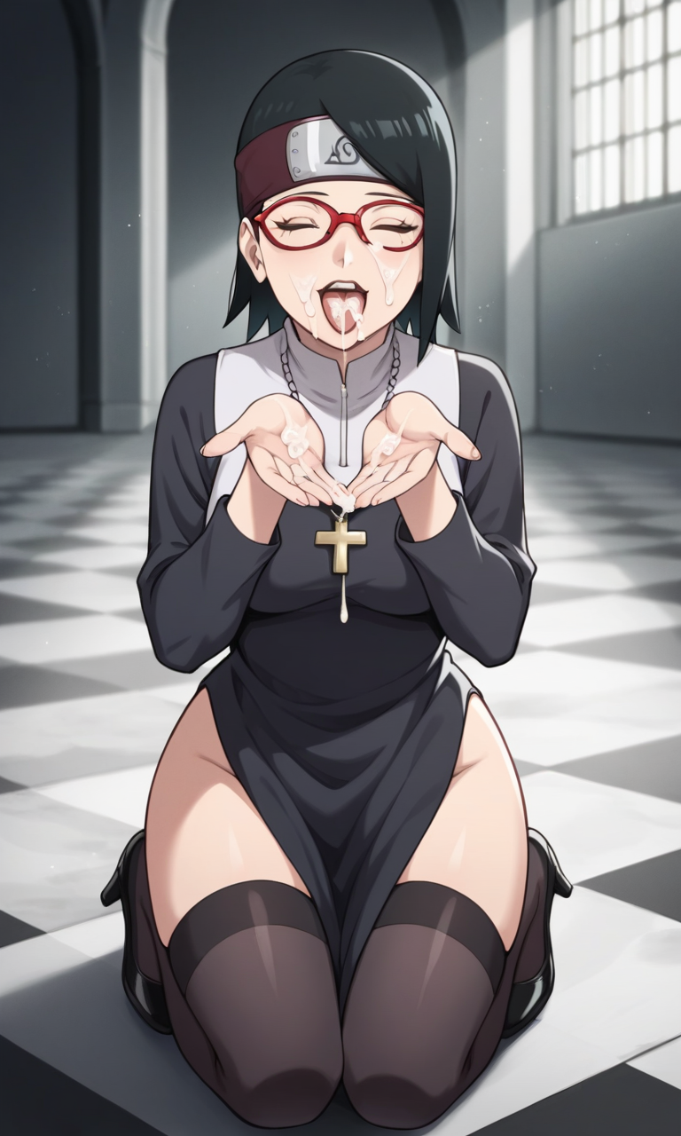 ai_generated barefoot bigmic145 black_eyes black_hair boruto:_naruto_next_generations breasts clothed clothed_female clothing covered_in_cum female female_only glasses high_heels medium_breasts milk naruto naruto_(series) nun sarada_uchiha solo solo_female stockings thighhighs