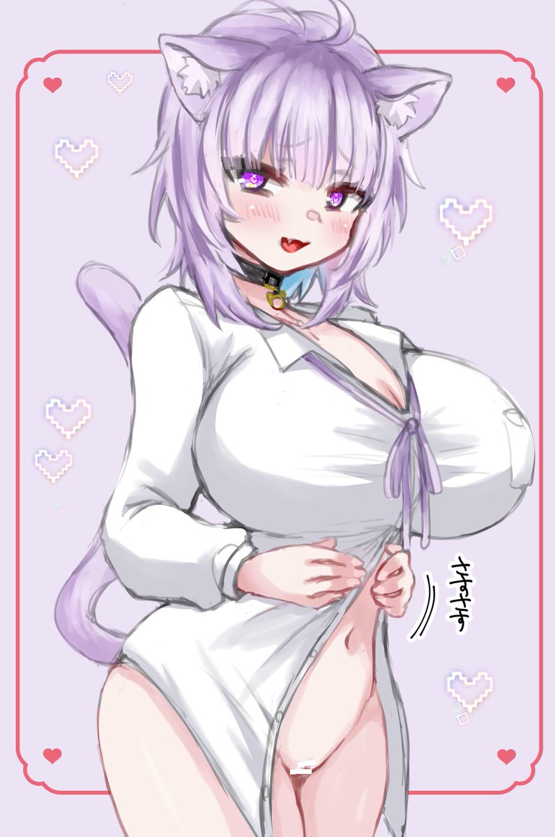 1girls half-dressed hololive huge_breasts looking_at_viewer nekomata_okayu purple_hair shounan_no_tamasu smile tight_clothing virtual_youtuber