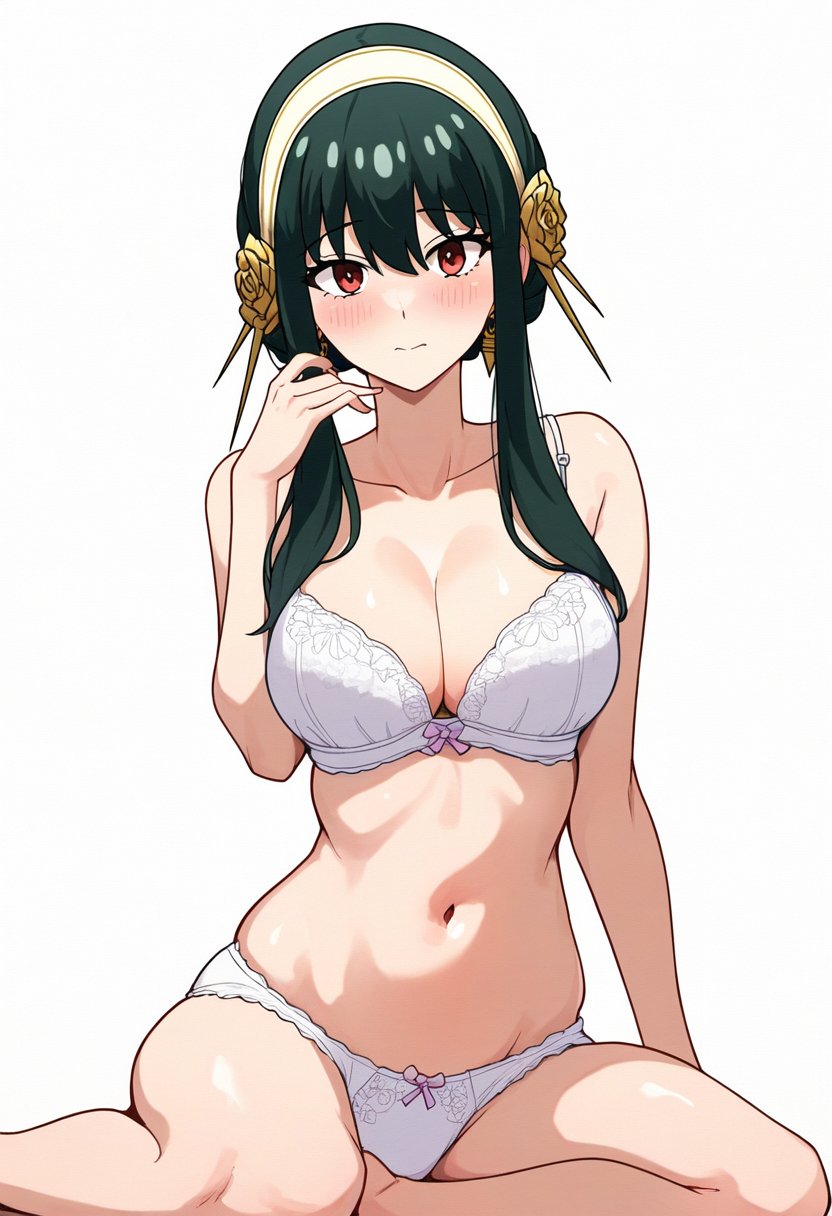 ai_assisted ass_visible_through_thighs bare_arms bare_belly bare_legs bare_shoulders bare_thighs belly_button big_breasts black_hair blush bra breasts cleavage closed_mouth collarbone earrings hairband hip_bones jei_games long_hair panties red_eyes shiny_skin sitting smile spy_x_family thighs underwear underwear_only white_bra white_panties white_underwear yor_briar