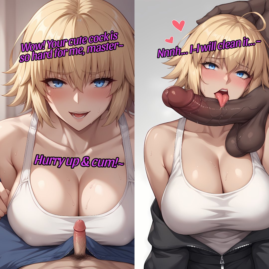 1boy 1girls 2koma ahoge ai_generated areolae bangs bare_shoulders black_jacket blonde_hair blue_eyes blush breasts clavicle cleavage clothing curvaceous curvaceous_female curvaceous_figure curvy curvy_figure dark-skinned_male dark_skin english_language english_text erection fate/grand_order fate_(series) fellatio female female_focus hair_between_eyes heart huge_breasts indoors interracial jacket jeanne_d'arc_(fate) jeanne_d'arc_(ruler)_(fate) large_breasts large_penis licking long_hair looking_at_viewer male male_pubic_hair multiple_views nipples off_shoulder open_clothes open_mouth oral penis penis_size_difference pov pubic_hair saliva shirt short_hair smile solo_focus straight sweat tank_top testicles text thighs tied_hair tongue tongue_out uncensored veins veiny_penis very_long_hair voluptuous voluptuous_female white_shirt white_tank_top