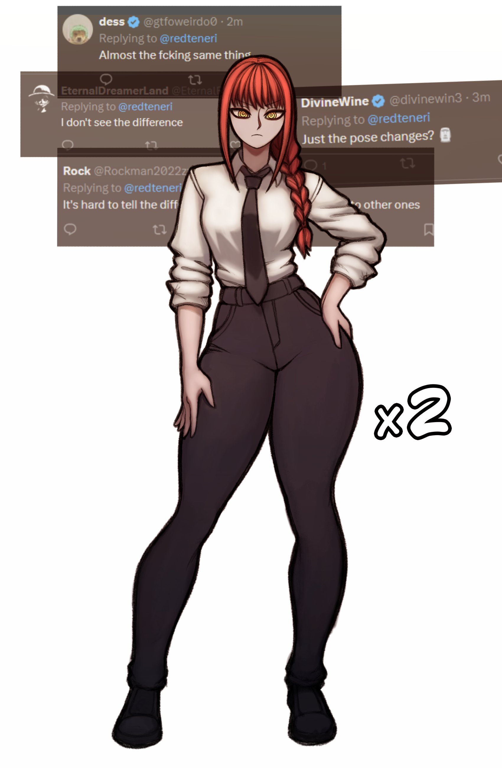 1girls, black pants, chainsaw man, female, makima (chainsaw man), red hair, red-haired female, redteneri, thick thighs, thighs, yellow eyes