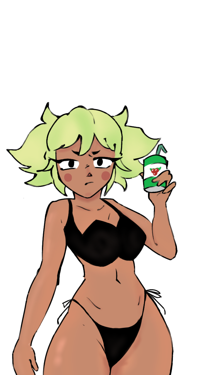 angry_face black_bikini brawl_stars brazil brazilian brazilian_female dark-skinned_female girl green_hair guarana_antarctica mandy_(brawl_stars) tanning yellow_green_hair