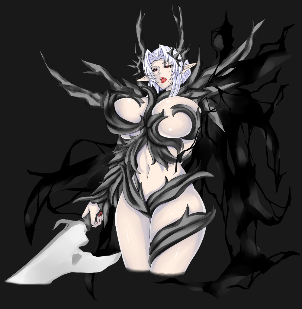 1girls, artist request, belly, breasts, clothing, curvy, dark souls, edit, female, female only, four kings, genderswap, genderswap (mtf), huge breasts, large breasts, light skin, light-skinned female, lipstick, long ears, open mouth, pale skin, pale-skinned female, red eyes, revealing clothes, rule 63, solo, solo focus, thighs, voluptuous, weapon, white hair