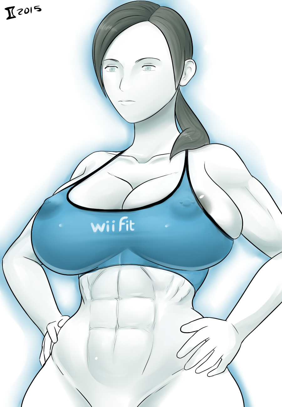 1girls, 2015, abs, alternate breast size, areola slip, areolae, bare shoulders, belly, big breasts, bottomless, breasts, casual, cleavage, clothing, female, female only, grey eyes, grey hair, grey impact, hands on hips, human, large breasts, long hair, looking down, muscles, muscular, muscular female, navel, nintendo, nipples, no bra, pale skin, pierced nipples, ponytail, see-through, shirt, simple background, solo, sportswear, standing, tank top, text, watermark, white background, white skin, wii fit, wii fit trainer, wii fit trainer (female)