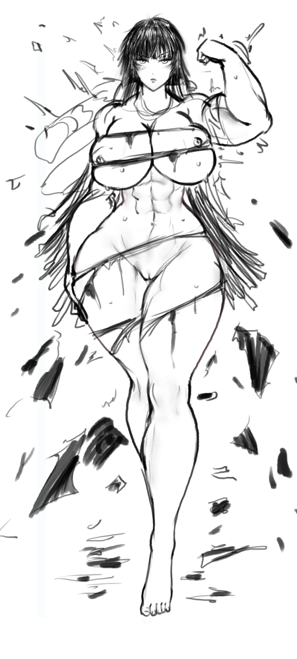 1girls, abs, breasts, female, female only, flexing, fubuki (one-punch man), huge breasts, monochrome, muscular, muscular female, nude, one-punch man, pussy, ripped clothing, solo, thegoldensmurf, vagina, wide hips