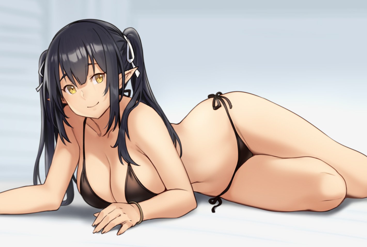 big breasts, bikini, black hair, breasts, cleavage, elf, elf (houtengeki), female, female only, houtengeki, large breasts, looking at viewer, pointy ears, solo, yellow eyes