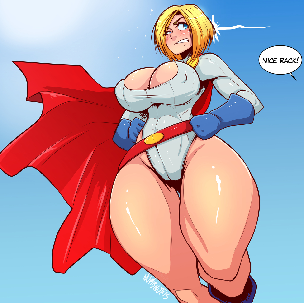1girls, blonde hair, blue eyes, breasts, cameltoe, cleavage, cleavage cutout, dc, dc comics, dialogue, female, female only, huge breasts, innie pussy, kara zor-l, karen starr, numbnutus, power girl, pussy, short hair, signature, solo, speech bubble, superman (series), text, wide hips