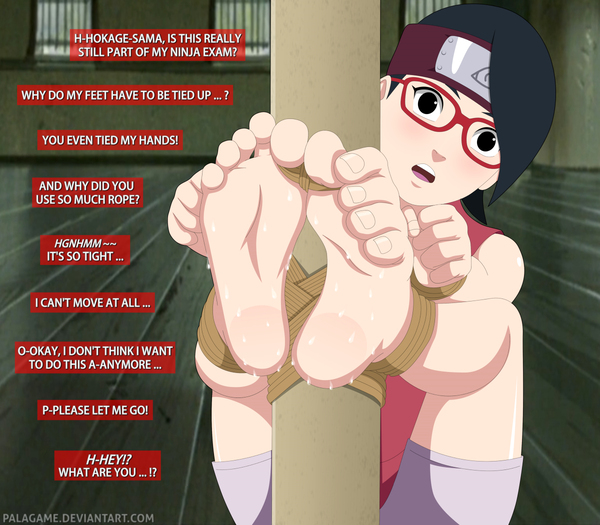 1girls, barefoot, black eyes, black hair, blush, bondage, boruto: naruto next generations, clothing, dialogue, feet, female, female only, foot focus, fully clothed, glasses, headband, naruto, naruto (series), open mouth, palagame, sarada uchiha, short shorts, shorts, soles, solo, solo focus, sweat, tied up, toes