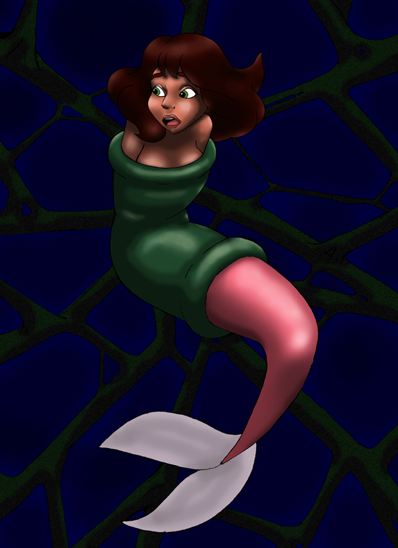 1girls bare_shoulders bondage brown_hair burnup19 dark-skinned_female dark_skin disney female female_only fish_girl gabriella_(the_little_mermaid) green_eyes jpeg mermaid monster_girl pink_tail restrained short_hair solo tagme the_little_mermaid underwater water