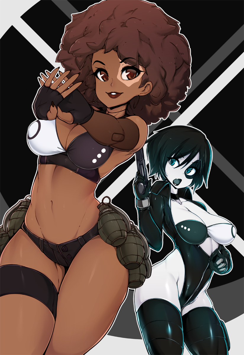 2girls afro black_hair blue_eyes bra breasts brown_eyes brown_hair cleavage clothed clothed_female clothes clothing dark-skinned_female dark_skin deadpool_2 domino_(marvel) domino_(zazie_beetz) female female_only fingerless_gloves gloves grenade gun homo_superior human legwear leotard marvel marvel_comics multiple_girls mutant navel neena_thurman slugbox spandex standing superheroine thick_thighs thigh_strap thighhighs thighs weapon x-force x-men zazie_beetz