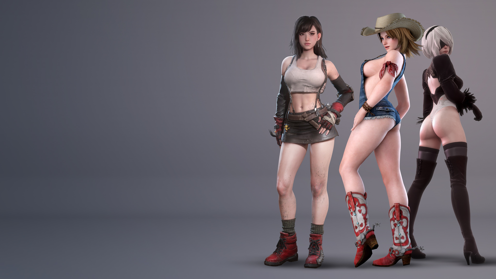3d, 3girls, ass, beltskirt, cowboy boots, cowboy hat, crossover, dead or alive, female, female focus, female only, final fantasy, final fantasy vii, hat, jean shorts, multiple females, multiple girls, nier: automata, thong, thong leotard, tifa lockhart, tina armstrong, wallpaper, xenoxeno, yorha 2b