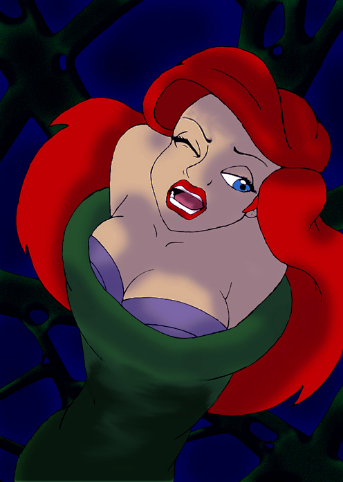 ariel bare_shoulders blue_eyes breasts burnup19 cleavage disney disney_princess female female_only fish_girl large_breasts lips lipstick long_hair makeup mermaid moaning monster_girl one_eye_closed open_mouth red_hair red_lipstick restrained round_teeth solo strapless teeth the_little_mermaid underwater vore water wince