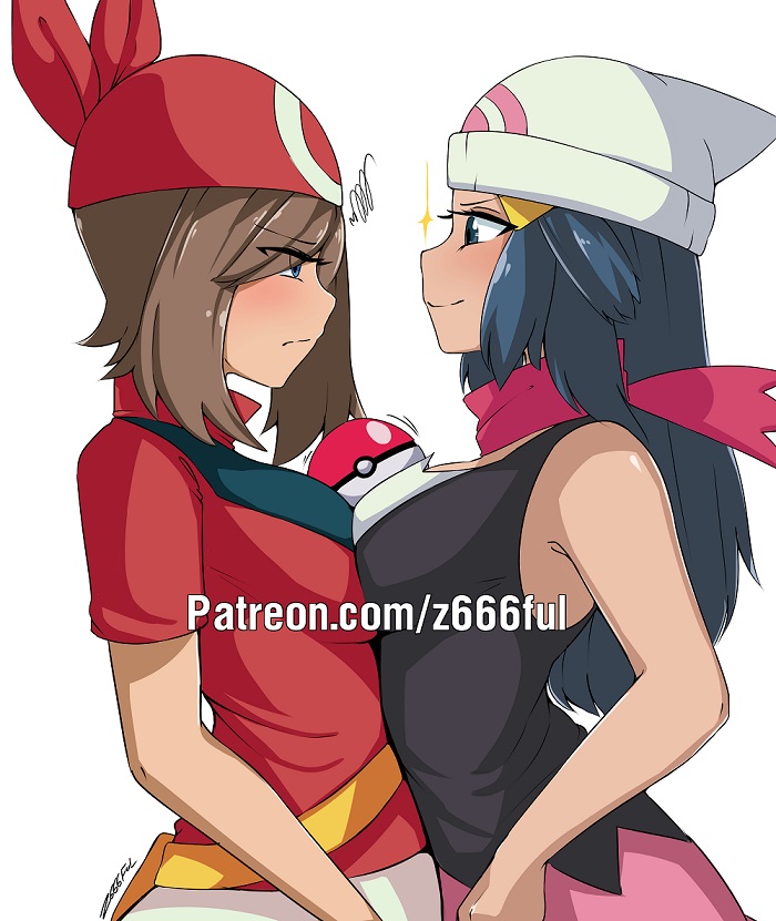 2girls, armpits, bag, bandana, bare shoulders, belt, blue eyes, blue hair, blue-haired female, blush, breast frottage, breasts, brown hair, brown-haired female, cleavage, clothed, competition, dawn (pokemon), eye contact, eyelashes, female, female only, hat, human, human only, long hair, may (pokemon), motion lines, nintendo, patreon, poke ball, pokemon, pokemon dppt, pokemon rse, scarf, shirt, short hair, sideboob, size comparison, skirt, small breasts, smile, sparkles, standing, symmetrical docking, text, url, watermark, white background, yuri, z666ful