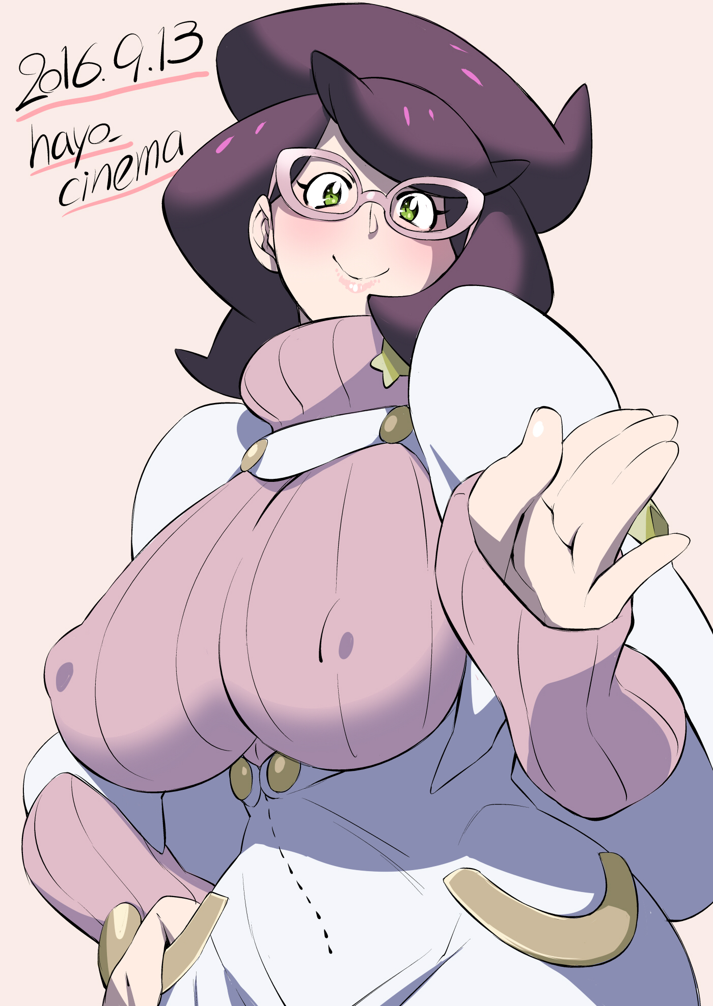 1girls, 2016, aether foundation, big breasts, big hair, blush, breasts, clothed, dated, dress, erect nipples, etuzan jakusui, eyelashes, female, female only, green eyes, hand in pocket, hand on hips, highres, human, large breasts, lipstick, looking at viewer, nintendo, nipples, pink background, pink lipstick, pokemon, pokemon sm, purple hair, short hair, smile, solo, sweater, text, turtleneck, twitter username, watermark, wicke (pokemon), wide hips