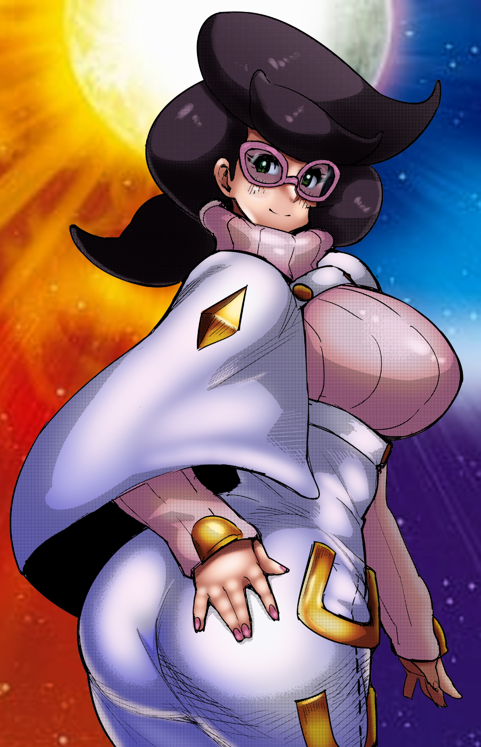 1girls, aether foundation, alternate breast size, ass, ass in dress, big ass, big breasts, big hair, blue background, blush, breasts, busty, clothed, colored, dress, eyelashes, female, female only, glasses, green eyes, hand on ass, huge breasts, human, large ass, large breasts, long hair, looking at viewer, looking back, nail polish, nintendo, orange background, pink sweater, pink-framed eyewear, pokemon, pokemon sm, purple hair, ribbed sweater, shirt, simple background, smile, sweater, synecdoche, thick thighs, tisinrei, turtleneck, turtleneck sweater, wicke (pokemon), wide hips