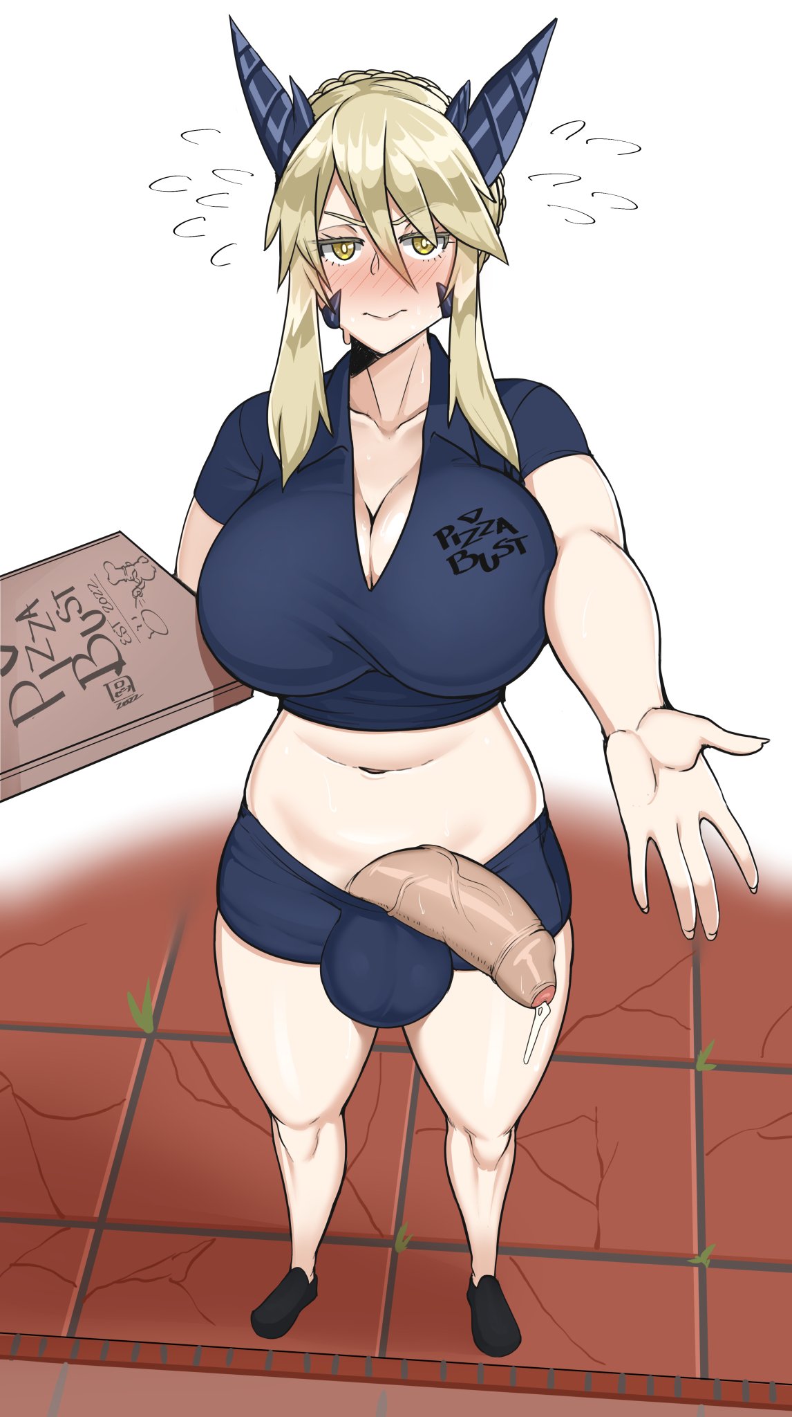 1futa artoria_pendragon artoria_pendragon_(alter) artoria_pendragon_(lancer) artoria_pendragon_(lancer_alter) ball_bulge balls balls_under_clothes big_breasts blonde_hair bodily_fluids breasts cleavage clothed clothing collarbone crop_top delivery_(commerce) delivery_employee dickgirl dripping embarrassed_nude_futa fate_(series) flying_sweatdrops food_carrier food_delivery foreskin futa_only futanari gaikiken genital_fluids genitals gynomorph hair half-erect hi_res high-angle_view horn huge_breasts human intersex light-skinned_futanari light_skin looking_at_viewer mammal mostly_clothed navel penis penis_out pizza_box pizza_delivery pizza_delivery_carrier precum precum_drip shirt small_clothes solo sweat sweatdrop topwear uncut wide_hips yellow_eyes