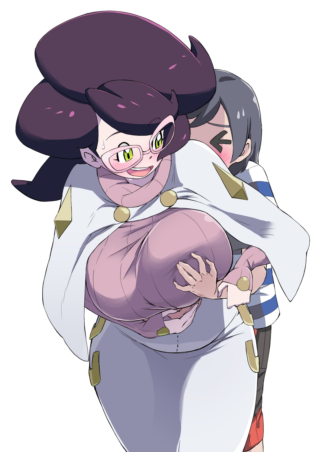 >_< 1boy 1girls aether_foundation age_difference alternate_breast_size belly big_ass big_breasts big_hair black_hair blush breast_grab breasts busty chubby closed_eyes clothed clothes dress elio_(pokemon) eyelashes female from_behind garuganchuu glasses green_eyes grope grope_from_behind groping groping_breast groping_breasts groping_from_behind groping_through_clothes guided_breast_grab hand_on_breast holding_wrists huge_breasts human large_ass large_breasts looking_back mouth_open nintendo pokemon pokemon_sm purple_hair reach_around sexual_consent shirt short_hair shorts smile standing straight sweat sweater teeth thick thick_thighs tongue white_background wicke_(pokemon) wide_hips