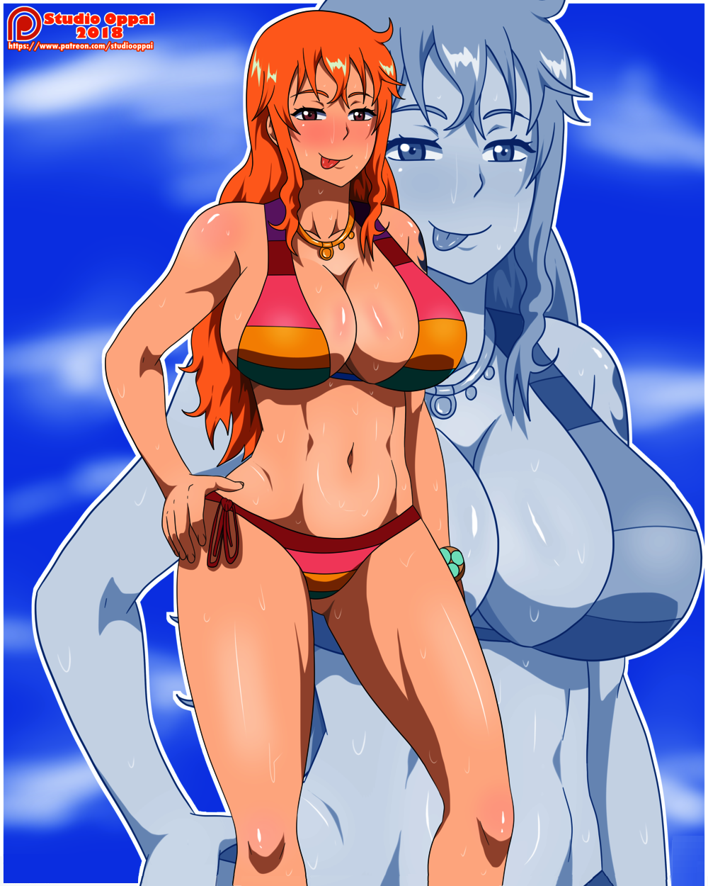 1girls abs belly big_breasts bikini blue_background breasts cleavage female female_only fully_clothed huge_breasts human human_only large_breasts long_hair midriff nami navel one_piece one_piece_film_z orange_hair patreon rainbow_bikini revealing_clothes smile solo studio_oppai sweat swimsuit text url watermark wet white_border zoom_layer