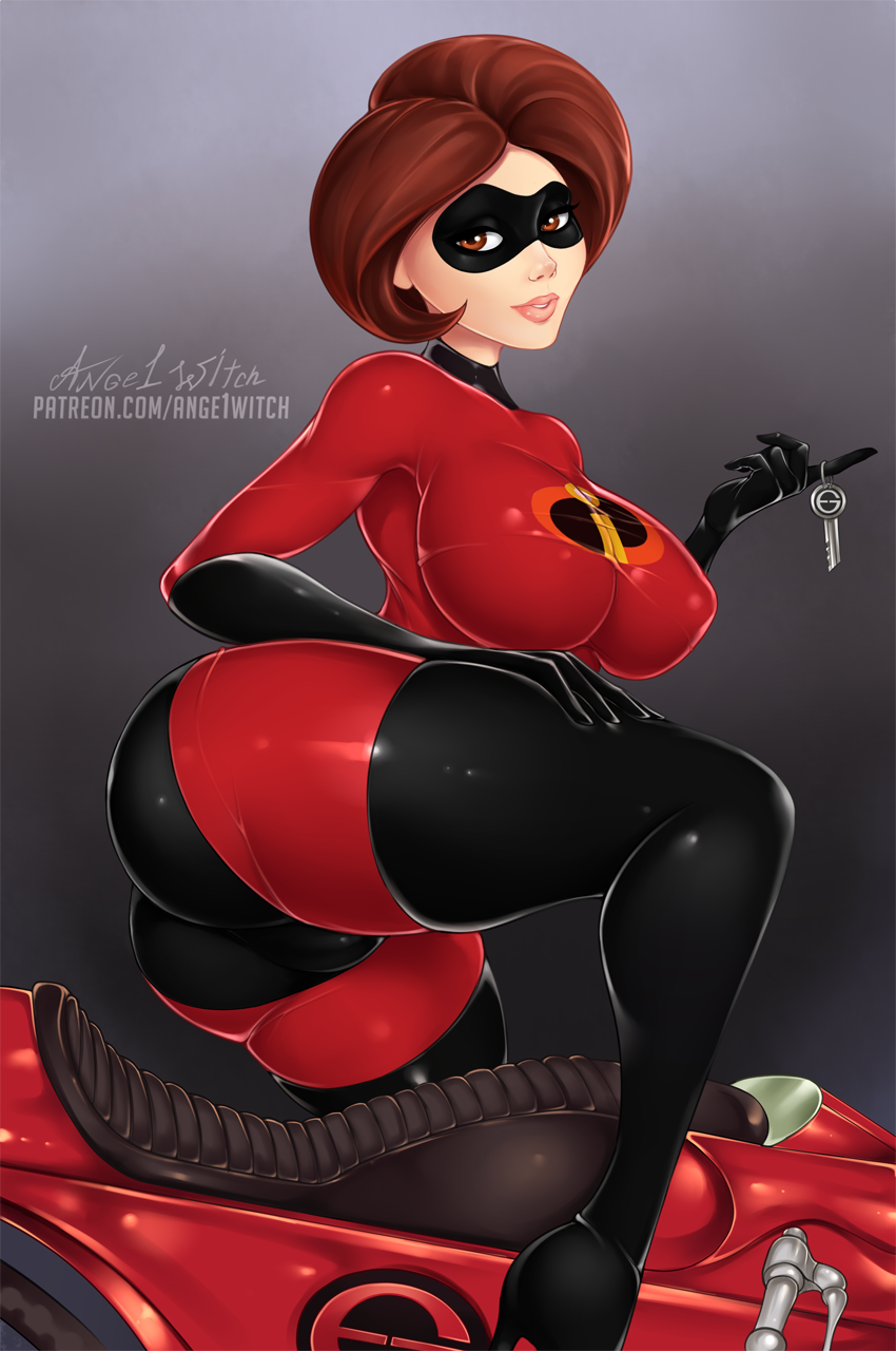 1girls ange1witch armwear ass big_breasts bodysuit breasts cleavage clothed clothing dat_ass disney elastigirl eyewear female female_only footwear fully_clothed handwear helen_parr large_breasts legwear looking_at_viewer looking_back mask motorcycle nipple_bulge pixar smooth_skin solo the_incredibles the_incredibles_2 thick_thighs tight_clothing