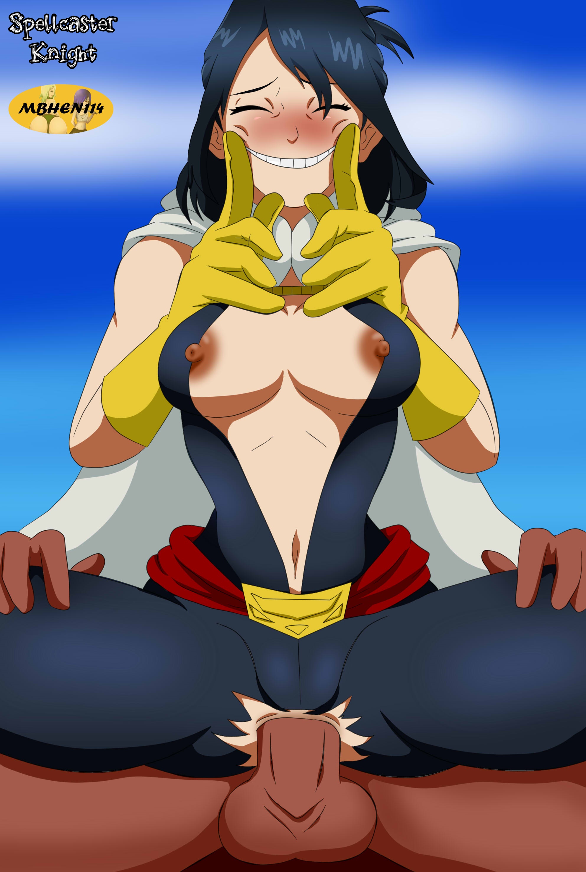 1boy, 1girls, all might, anal, anal insertion, anal sex, black hair, black-haired female, breasts, breasts out, cape, clothed female nude male, dark skin, dark-skinned male, female, heroine, male, mature, mature female, mbhen114, milf, my hero academia, nana shimura, sex, smile, spellcaster knight, straight, torn clothes