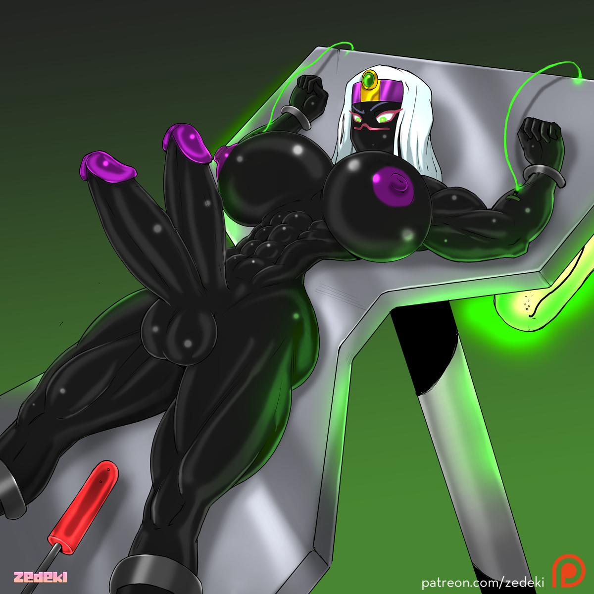 1futa, abs, areolae, balls, black skin, bondage, breasts, diphallia, diphallism, duck dodgers, erection, futa only, futanari, huge breasts, huge cock, intersex, looney tunes, multi genitalia, multi penis, muscles, muscular, muscular futa, nipples, penis, queen tyr'ahnee, restrained, solo, testicles, zedeki