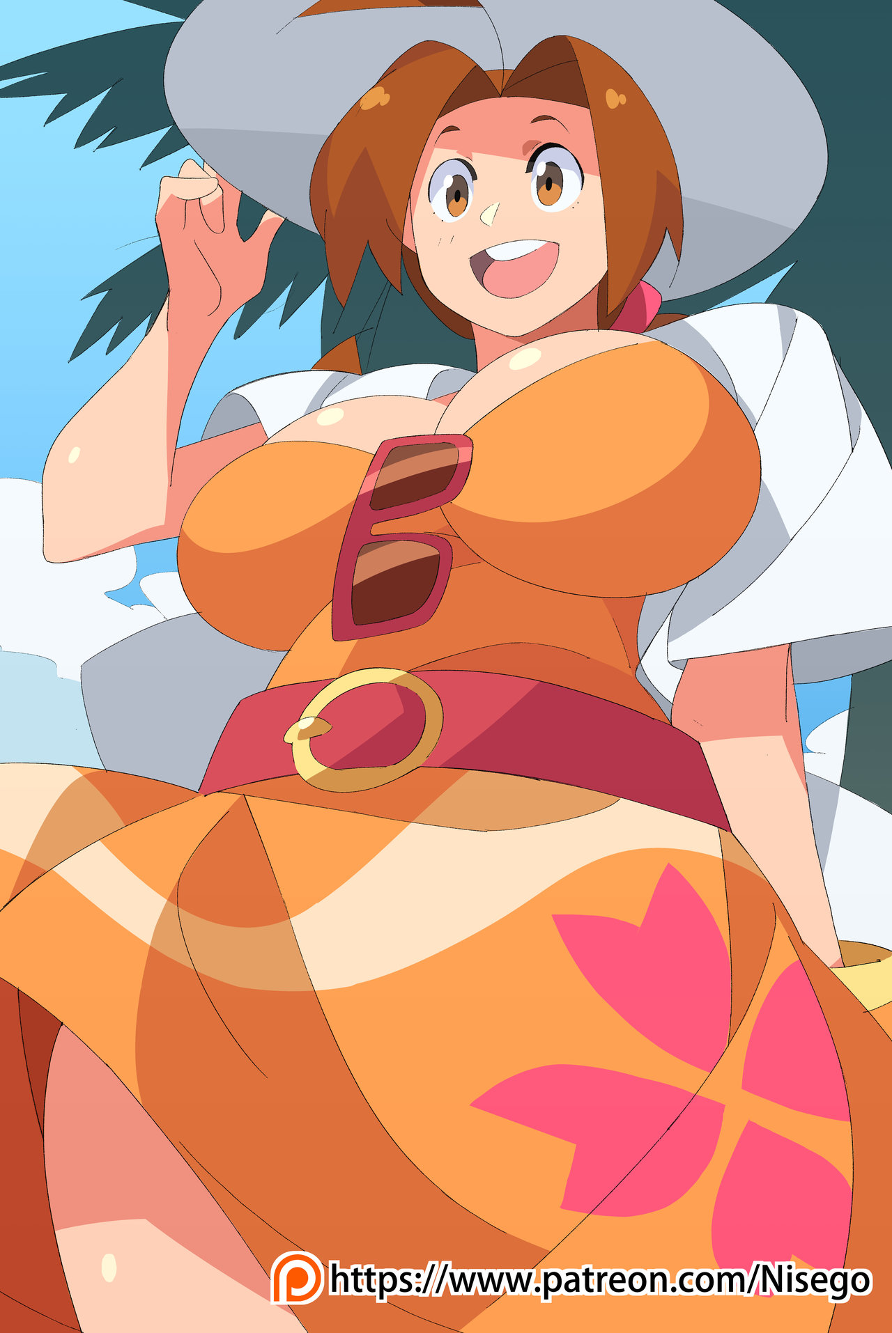1girls, beach, belt, big breasts, blush, breasts, brown eyes, brown hair, busty, cleavage, day, delia ketchum (pokemon), drawing, dress, fanart, female, female only, fully clothed, glasses, hat, highres, human, human only, large breasts, long hair, looking away, looking down, milf, mother, mouth open, nintendo, nisego, open mouth, orange dress, outdoors, patreon, pokemon, pokemon rgby, ponytail, sky, smile, solo, standing, sun, sunglasses, sunglasses removed, sunny, teeth, text, tongue, tree, url, watermark