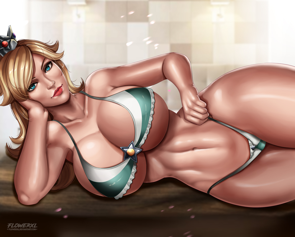 1girls, abs, armpits, bare shoulders, belly, big breasts, bikini, blonde hair, blue eyes, breasts, cleavage, deviantart, eyelashes, female, female only, flowerxl, huge breasts, human, large breasts, lipstick, long hair, looking at viewer, mario (series), navel, nintendo, on side, pinup, princess rosalina, realistic, red lipstick, smile, solo, text, underboob, url, watermark