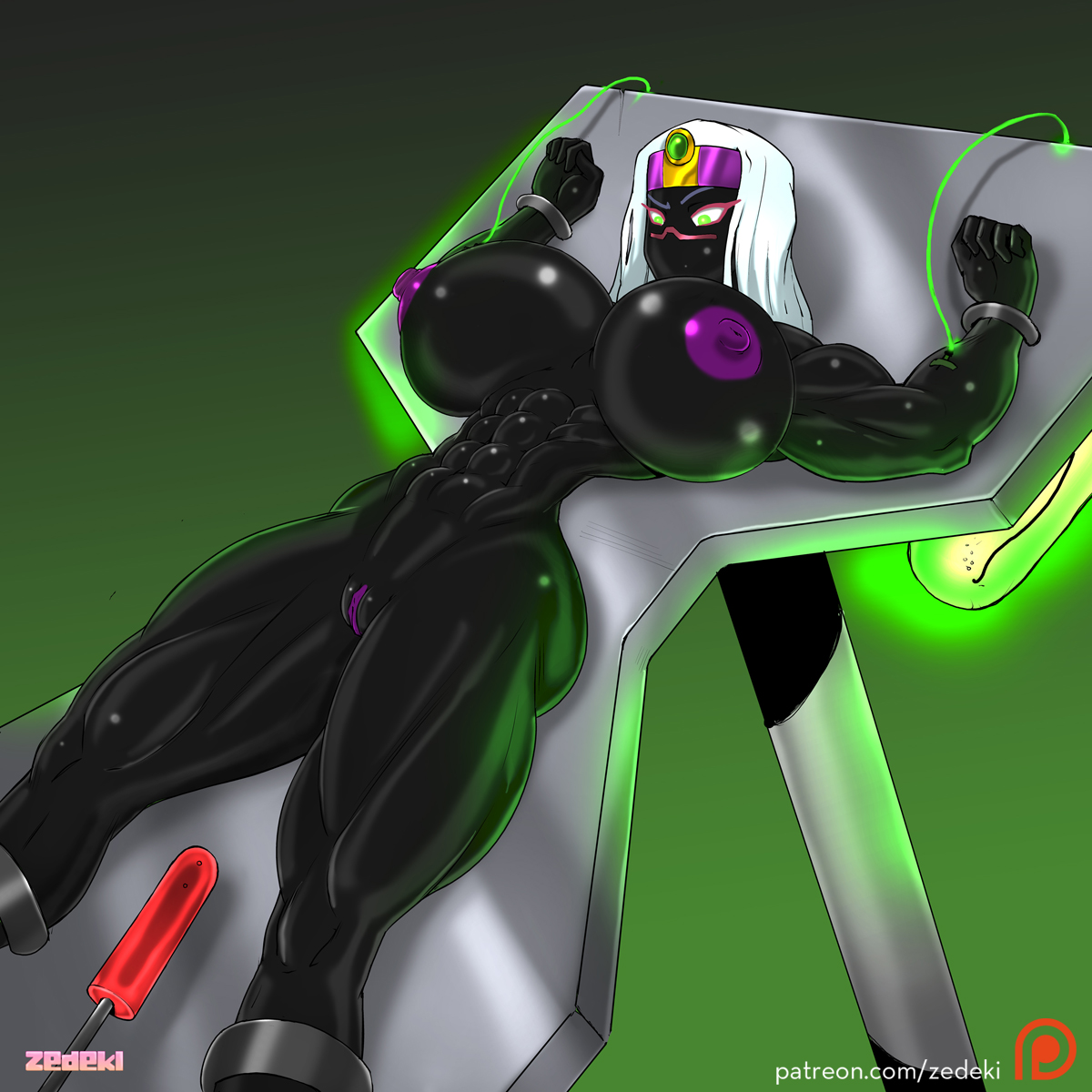 abs, alien, alien girl, alien humanoid, areolae, bondage, breasts, duck dodgers, female, female only, huge breasts, looney tunes, martian, martian (duck dodgers), muscles, muscular, muscular female, nipples, nude, pussy, queen tyr'ahnee, restrained, solo, warner brothers, zedeki