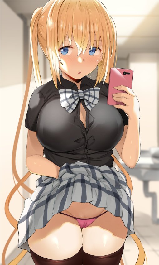 1girls big_breasts blend_s blonde_hair blue_eyes breasts cameltoe cleavage female female_only hinata_kaho large_breasts looking_at_viewer noripachi panties phone selfie skirt skirt_lift solo thighhighs upskirt