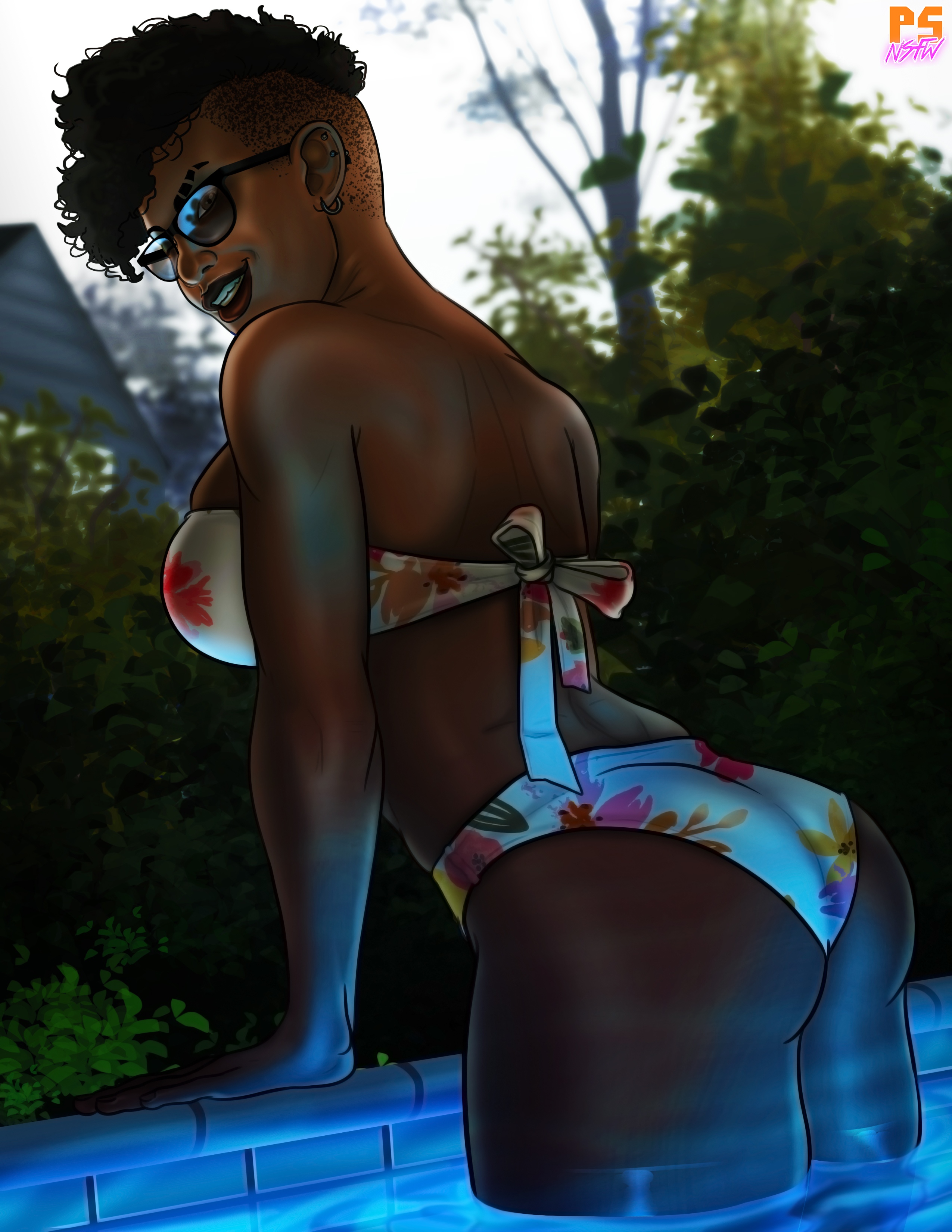 1girls, ass, bare shoulders, bikini, black female, breasts, cleavage, dark skin, dark-skinned female, ear piercing, earrings, female, female only, grin, highres, house of vanilla, large breasts, lips, looking at viewer, looking back, original, original character, pool, pumpkinsinclair, solo, sunglasses, thick thighs, tojeta (house of vanilla), undercut, very dark skin, wink