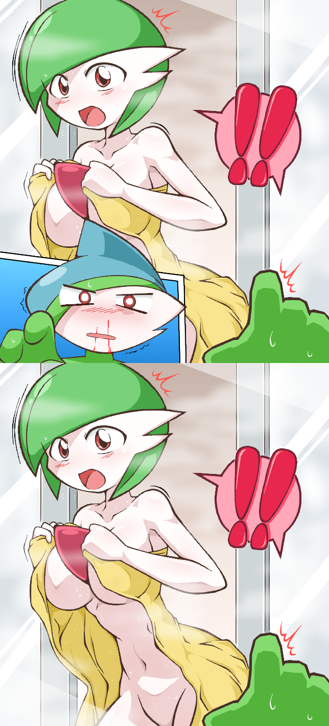 ! 1boy 1girls abs armpits bare_shoulders bathroom belly big_breasts blood blush breasts cleavage comic covering_breasts female gallade gardevoir green_hair green_skin large_breasts looking_at_viewer male mostly_nude motion_lines navel nintendo nosebleed nude open_mouth pointing pokemon pokemon_(species) pokemon_dppt pokemon_rse red_eyes short_hair standing straight surprised sweat tongue towel uranoyoru white_skin wide_hips