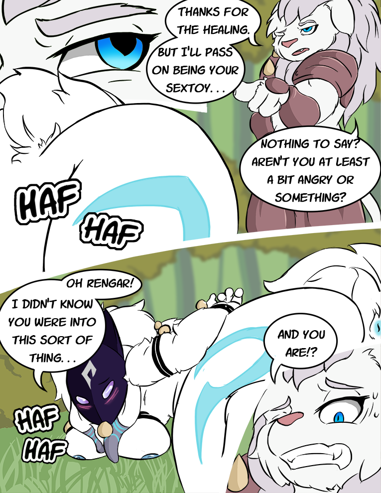 blue_eyes blush bondage bound breasts caprine comic enduranthill feline female fluffy fluffy_tail forest fur kindred lamb_(league_of_legends) large_breasts league_of_legends lion mammal mask page rengar riot_games sheep thick_thighs tree white_fur