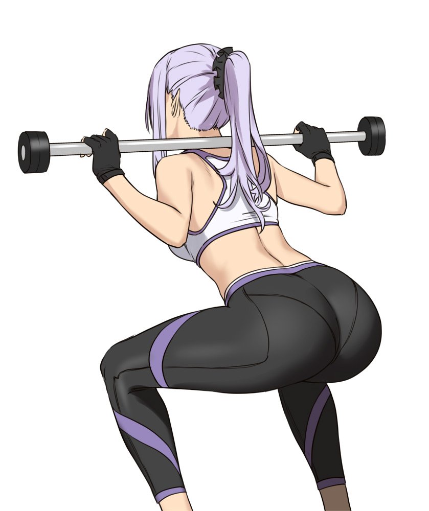 1girls, ass, back, bare shoulders, breasts, clothed, exercise, female, female only, fingerless gloves, gloves, houtengeki, human, leggings, long hair, looking away, ponytail, purple hair, shirt, sideboob, solo, sports bra, squatting, tank top, tight clothing, weightlifting, weights, white background, workout, workout clothes, yoga pants