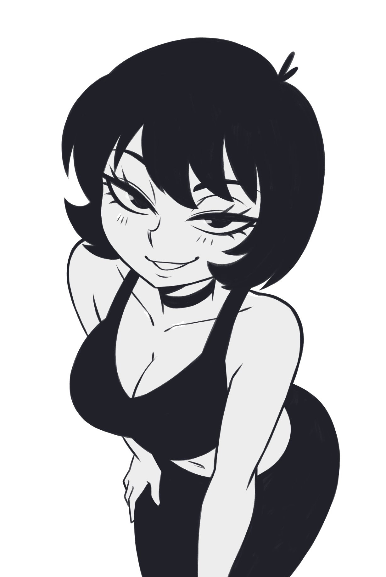 1girls, big breasts, black eyes, black hair, breasts, busty, cleavage, female, female only, half-closed eyes, hand on lap, hand on own leg, hand on own thigh, highres, jucika, jucika (comic), large breasts, leaning forward, legs, looking at viewer, midriff, navel, pants, pose, posing, seductive, seductive look, seductive smile, sensual, sexy, sexy pose, short hair, smile, solo, tank top, thighs