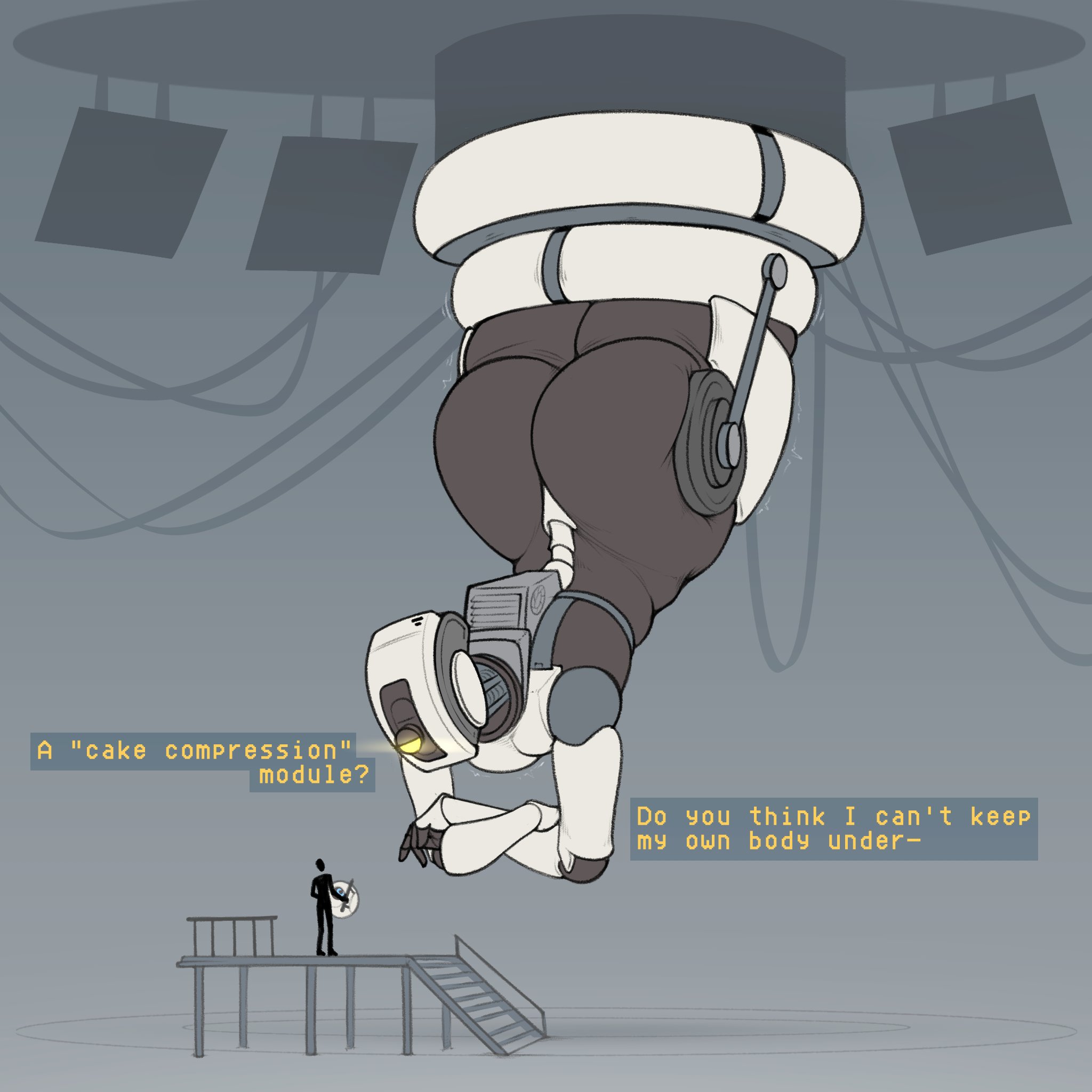 annoyed, arms crossed, ass expansion, big d0rk, bigger female, breast expansion, breast growth, expansion, giantess, gigantic ass, gigantic butt, gigantic thighs, glados, glados (central core), glados (humanoid), growth, growth sequence, huge ass, hyper, imminent expansion, imminent growth, portal (series), portal 2, robot, robot girl, size difference, small breasts, thigh expansion, upside-down, wide hips, yellow eye